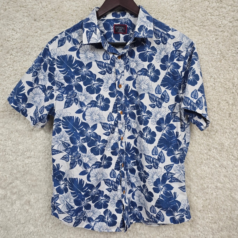 UNTUCKit Indailia Shirt‎ Mens Large Slim Blue White Floral Hibiscus Resortwear